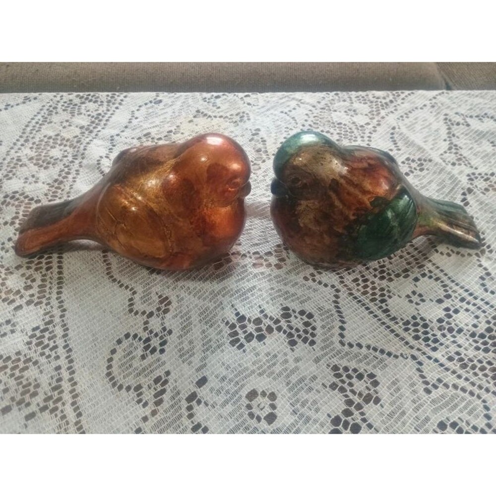 Ceramic Bird Figurines, Matching Pair, Hand-Painted Metallic Finish